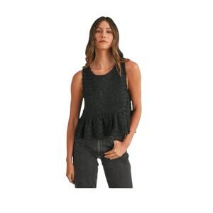 NWT Mable Aarna Frayed Babydoll Tank Top Black Peplum Top Textured Size Medium